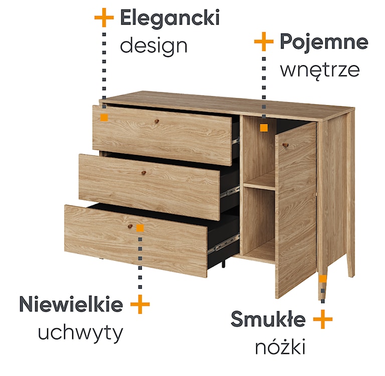 Komoda jednodrzwiowa Cozy z trzema szufladami 136 cm dąb olejowany  - zdjęcie 10