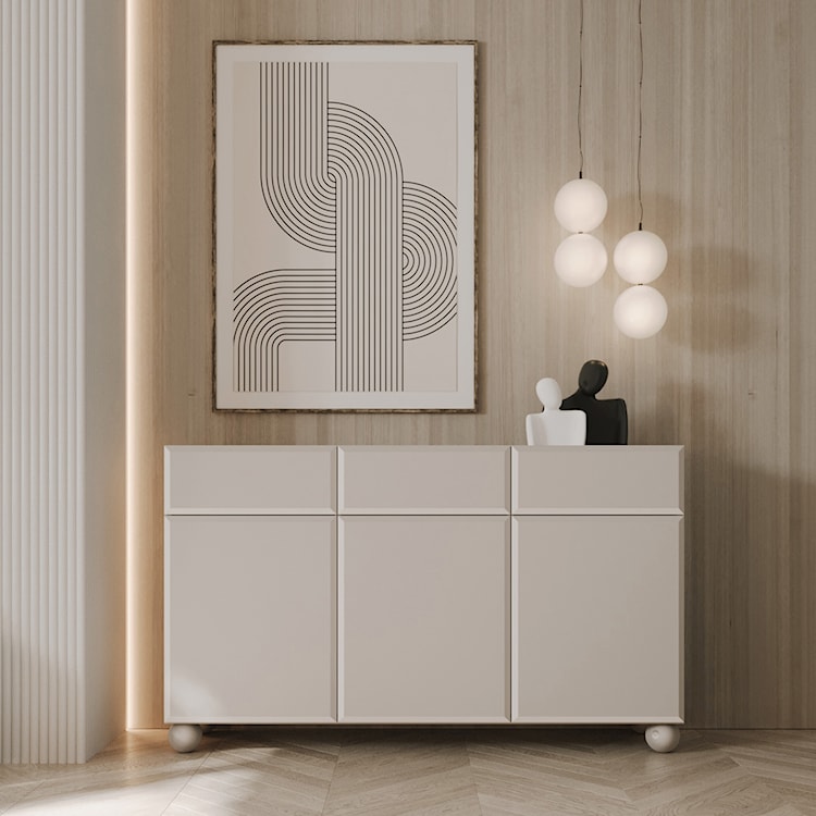 Komoda Chocolated trzydrzwiowa z trzema szufladami 150 cm na nogach kulach beż piaskowy  - zdjęcie 4