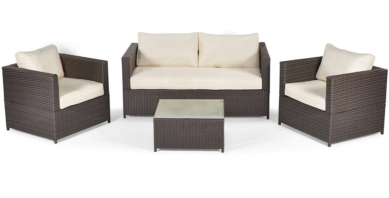 Zestaw mebli ogrodowych Cllands z sofą, dwoma fotelami i stolikiem kawowym technorattan czteroosobowy brązowy
