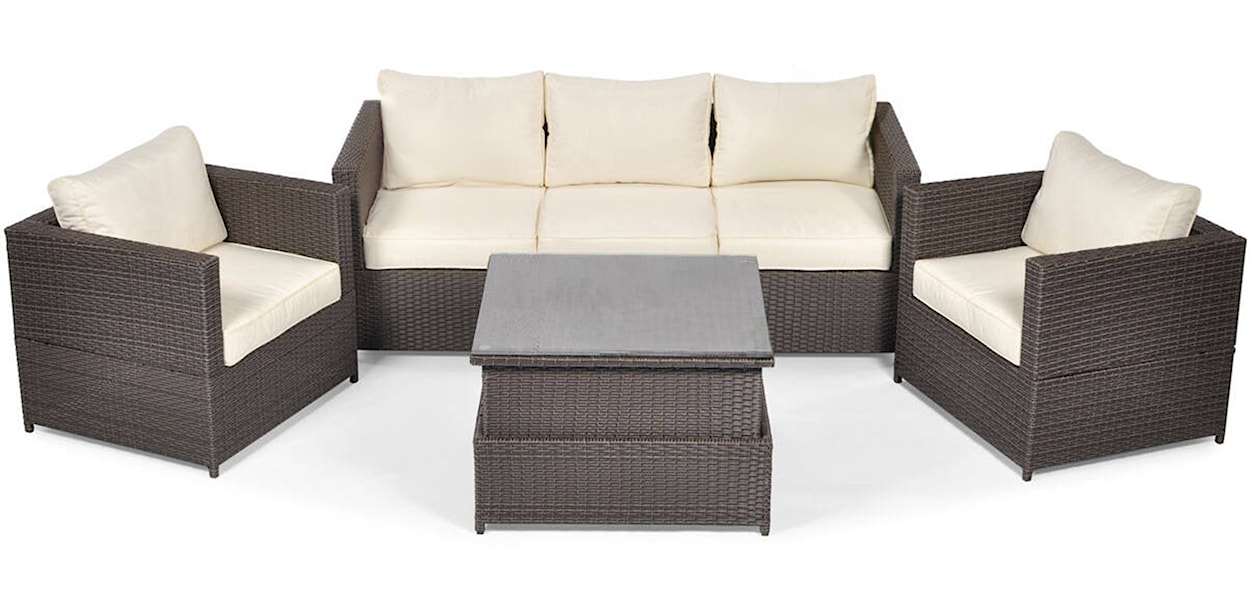 Zestaw mebli ogrodowych Cllands z sofą, dwoma fotelami i podnoszonym stolikiem technorattan brązowy/kremowy