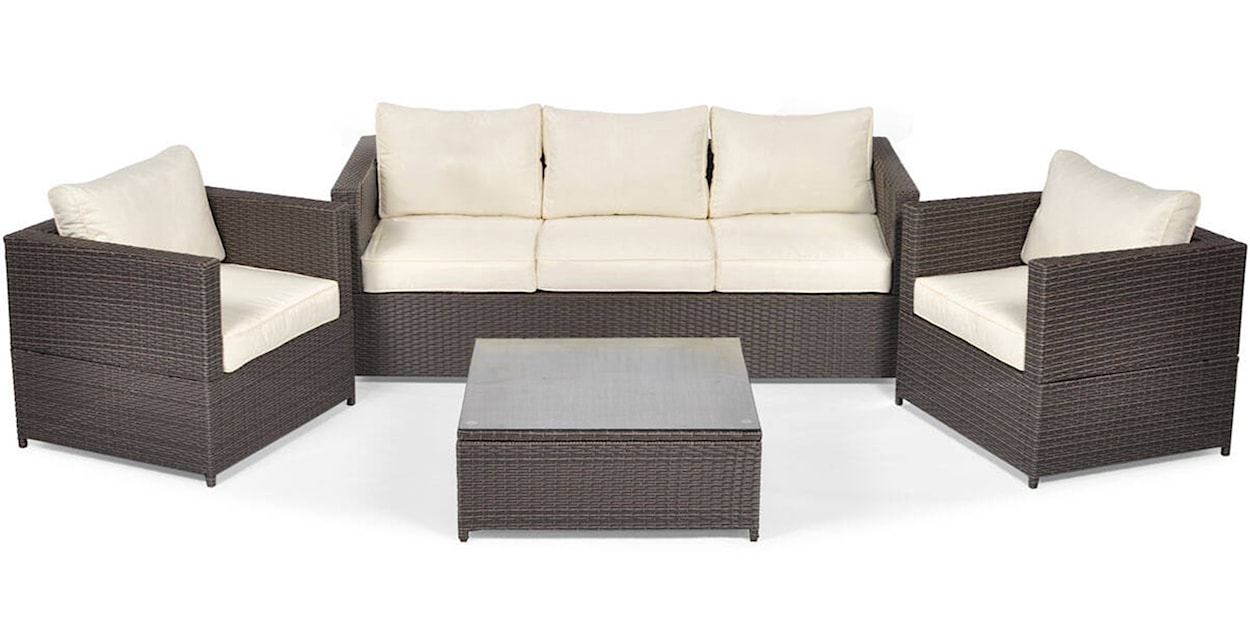 Zestaw mebli ogrodowych Cllands z sofą, dwoma fotelami i podnoszonym stolikiem technorattan brązowy/kremowy  - zdjęcie 2