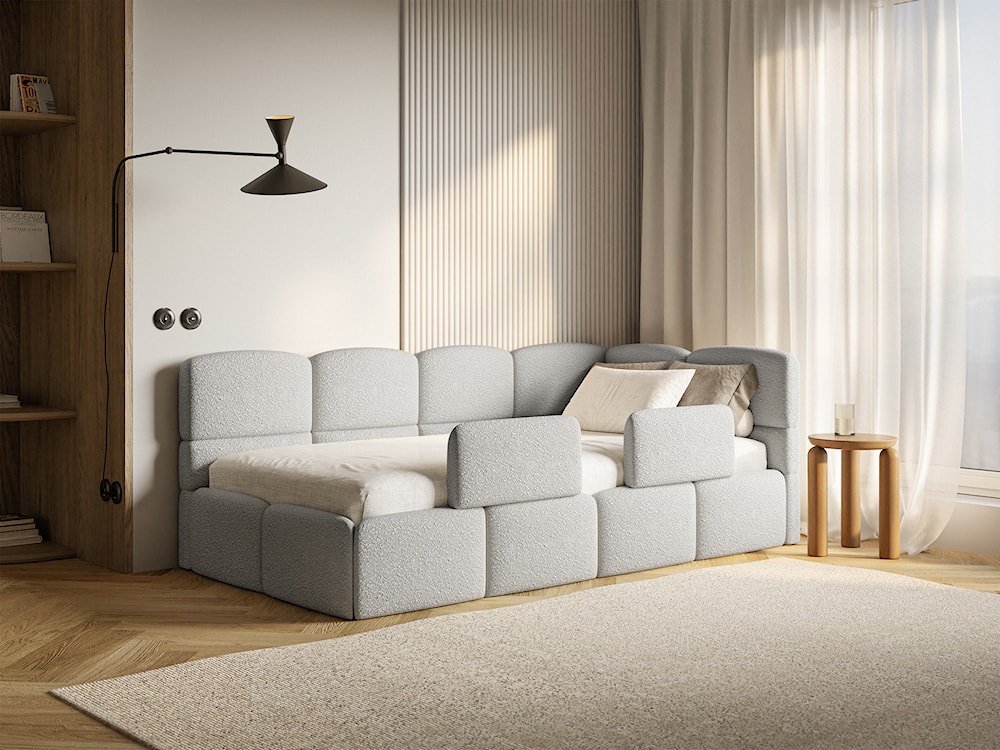 Łóżko młodzieżowe 90x200 cm Cloudy prawostronne z pojemnikiem i barierkami szarobeżowe boucle  - zdjęcie 2