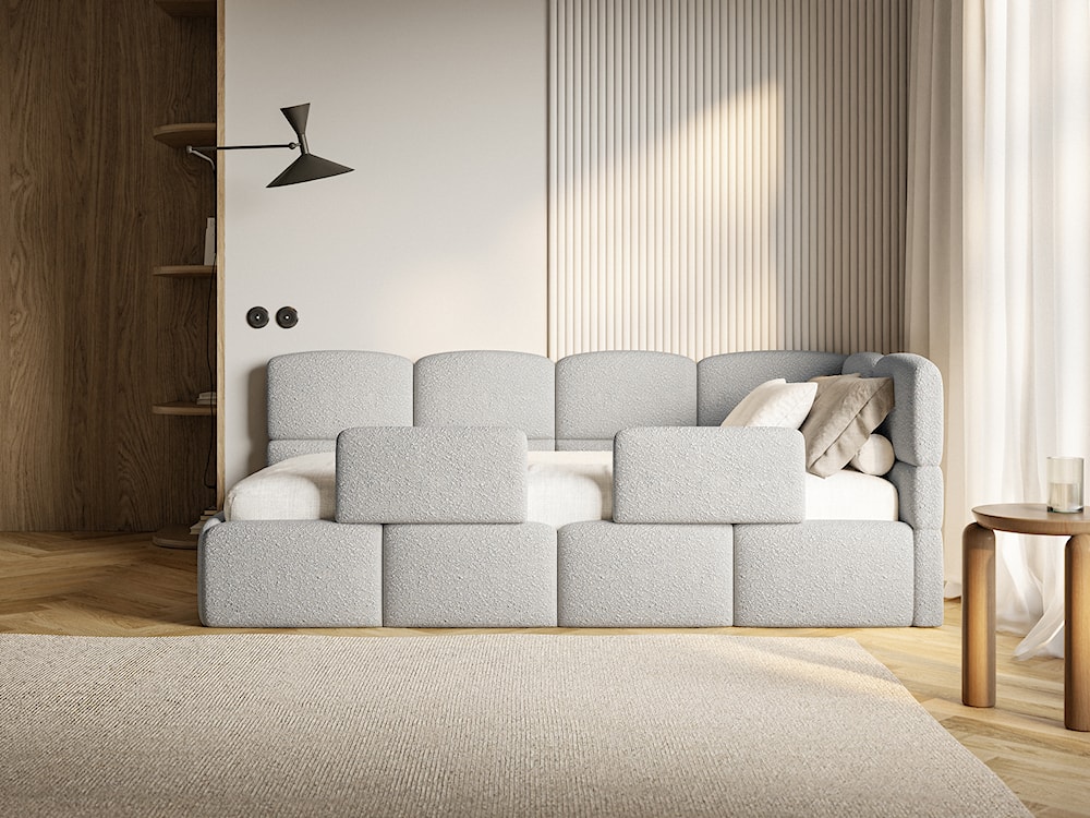 Łóżko młodzieżowe 90x200 cm Cloudy prawostronne z pojemnikiem i barierkami szarobeżowe boucle  - zdjęcie 4