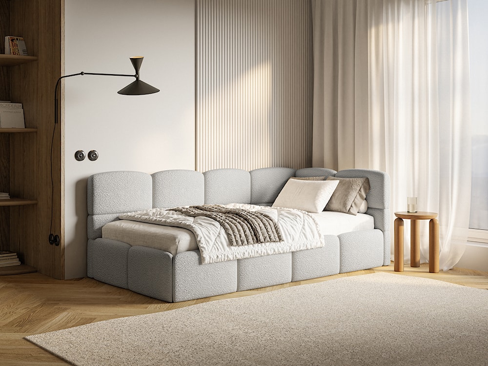 Łóżko młodzieżowe 90x200 cm Cloudy prawostronne z pojemnikiem i barierkami szarobeżowe boucle  - zdjęcie 5