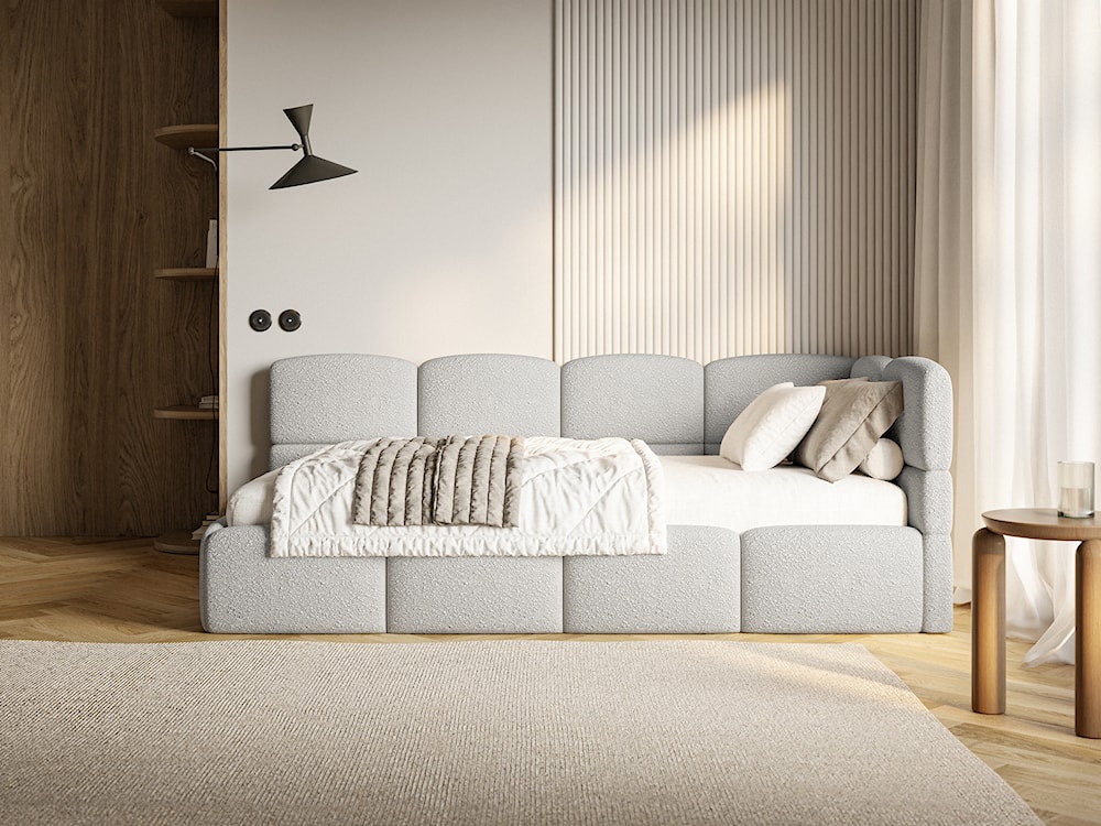 Łóżko młodzieżowe 90x200 cm Cloudy prawostronne z pojemnikiem i barierkami szarobeżowe boucle  - zdjęcie 6