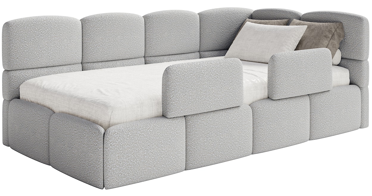 Łóżko młodzieżowe 90x200 cm Cloudy prawostronne z pojemnikiem i barierkami szarobeżowe boucle