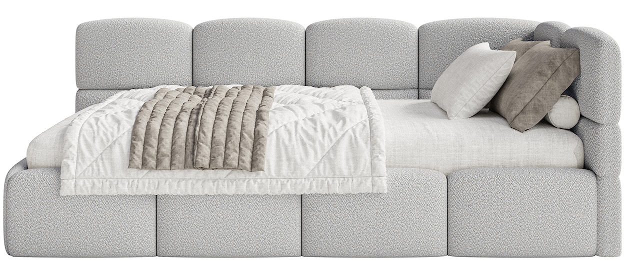 Łóżko młodzieżowe 90x200 cm Cloudy prawostronne z pojemnikiem i barierkami szarobeżowe boucle  - zdjęcie 9