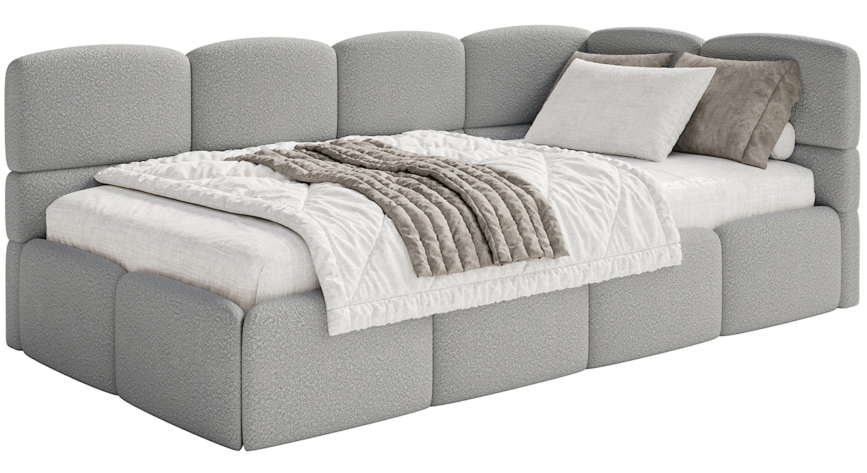 Łóżko młodzieżowe 90x200 cm Cloudy prawostronne z pojemnikiem szare boucle