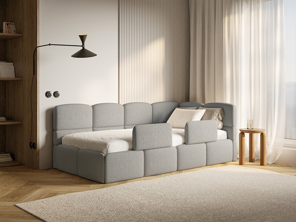 Łóżko młodzieżowe 90x200 cm Cloudy prawostronne z pojemnikiem i barierkami szare boucle  - zdjęcie 2