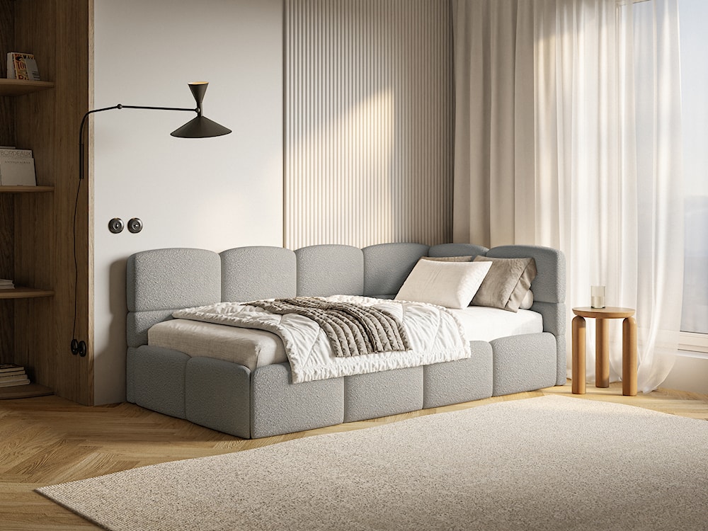Łóżko młodzieżowe 90x200 cm Cloudy prawostronne z materacem i pojemnikiem szare boucle  - zdjęcie 2