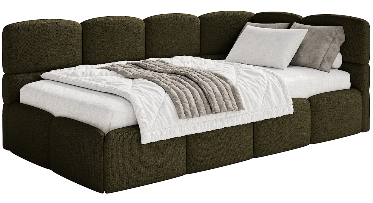 Łóżko młodzieżowe 90x200 cm Cloudy prawostronne z pojemnikiem oliwkowe boucle