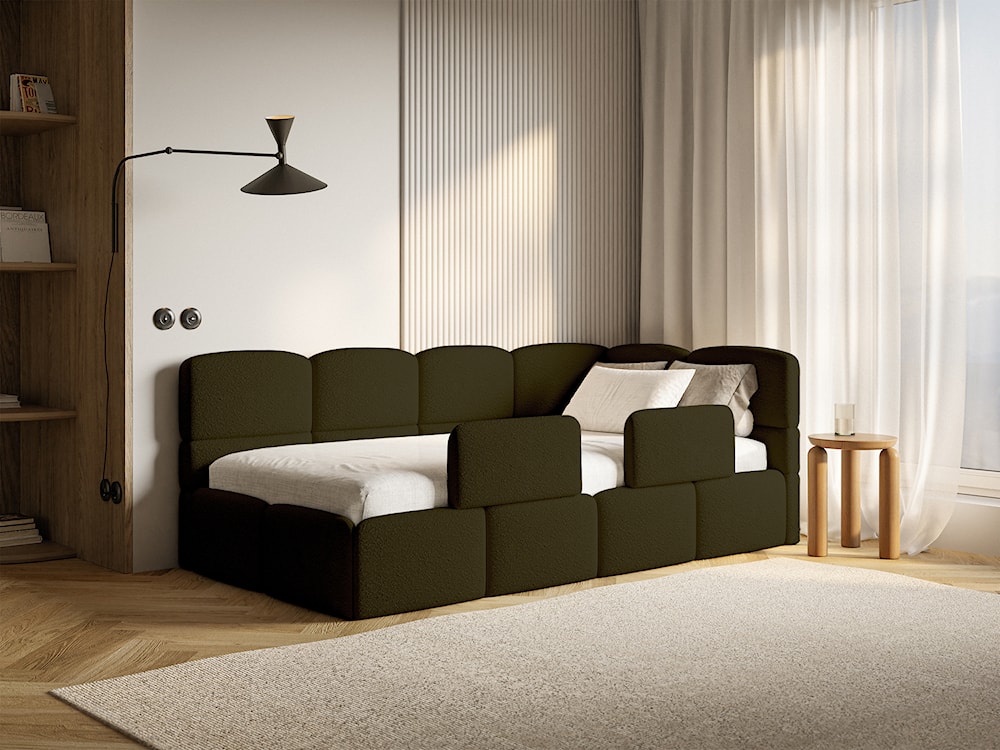 Łóżko młodzieżowe 90x200 cm Cloudy prawostronne z pojemnikiem i barierkami oliwkowe boucle  - zdjęcie 2