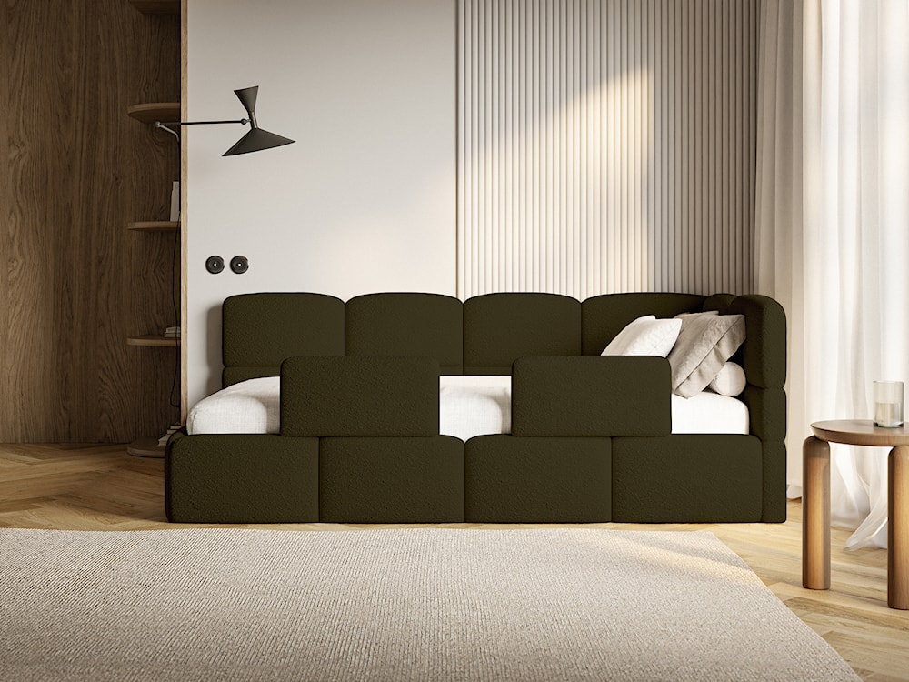 Łóżko młodzieżowe 90x200 cm Cloudy prawostronne z pojemnikiem i barierkami oliwkowe boucle  - zdjęcie 4