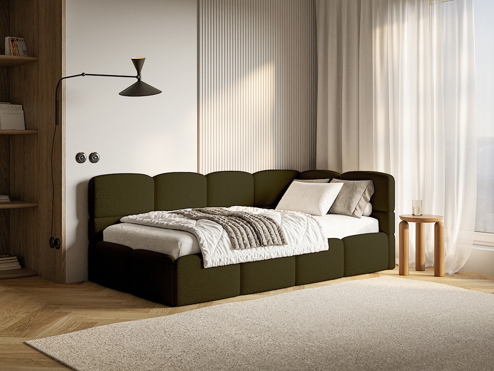 Łóżko młodzieżowe 90x200 cm Cloudy prawostronne z materacem i pojemnikiem oliwkowe boucle  - zdjęcie 2