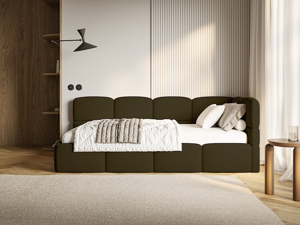 Łóżko młodzieżowe 90x200 cm Cloudy prawostronne z materacem i pojemnikiem oliwkowe boucle  - zdjęcie 4