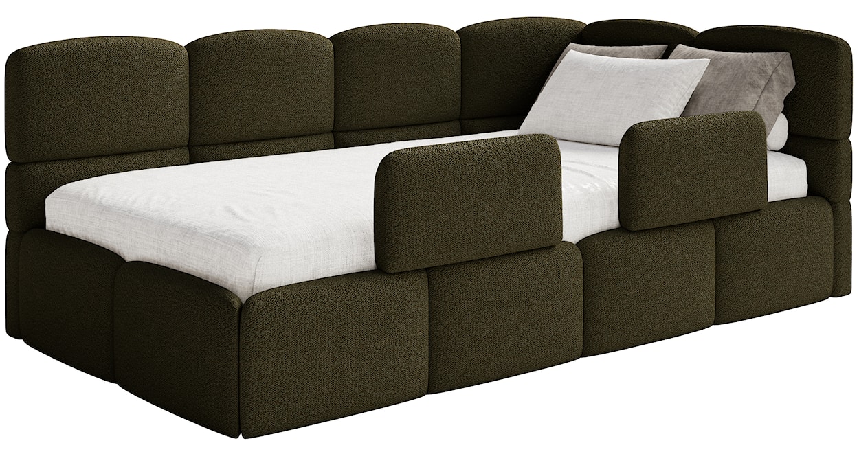 Łóżko młodzieżowe 90x200 cm Cloudy prawostronne z pojemnikiem i barierkami oliwkowe boucle