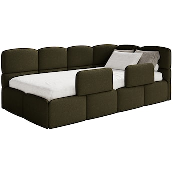 Łóżko młodzieżowe 90x200 cm Cloudy prawostronne z pojemnikiem i barierkami oliwkowe boucle