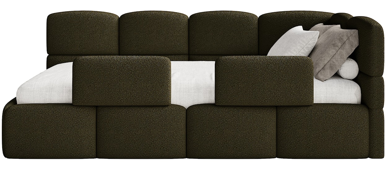 Łóżko młodzieżowe 90x200 cm Cloudy prawostronne z pojemnikiem i barierkami oliwkowe boucle  - zdjęcie 7