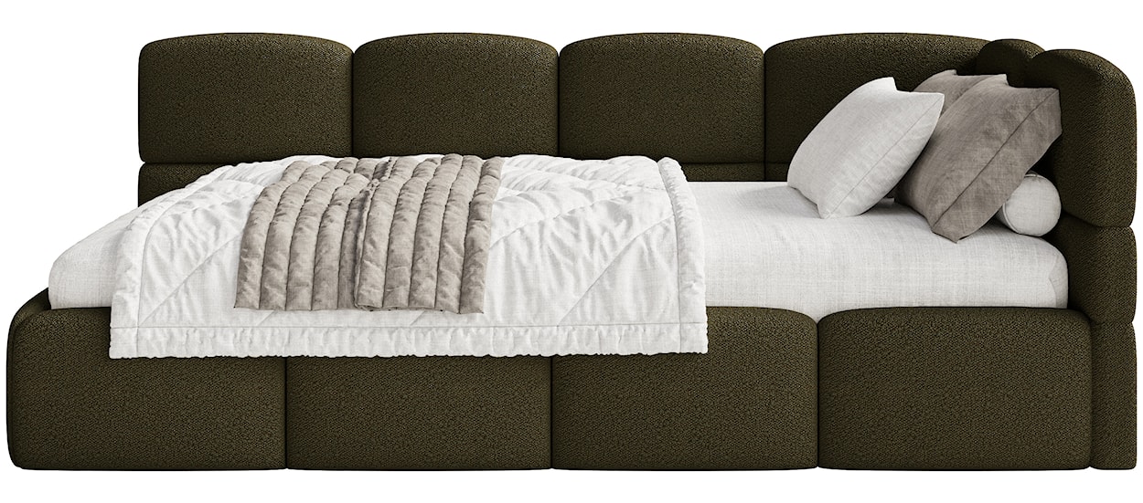 Łóżko młodzieżowe 90x200 cm Cloudy prawostronne z materacem i pojemnikiem oliwkowe boucle  - zdjęcie 5