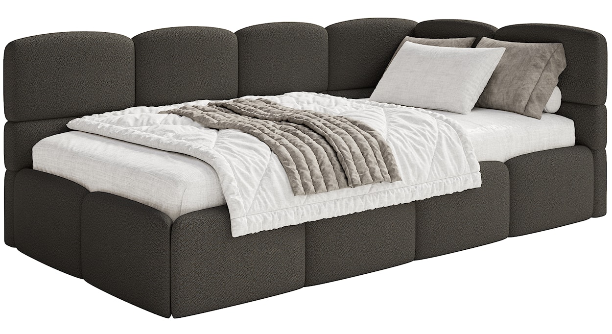 Łóżko młodzieżowe 90x200 cm Cloudy prawostronne z pojemnikiem brązowe boucle