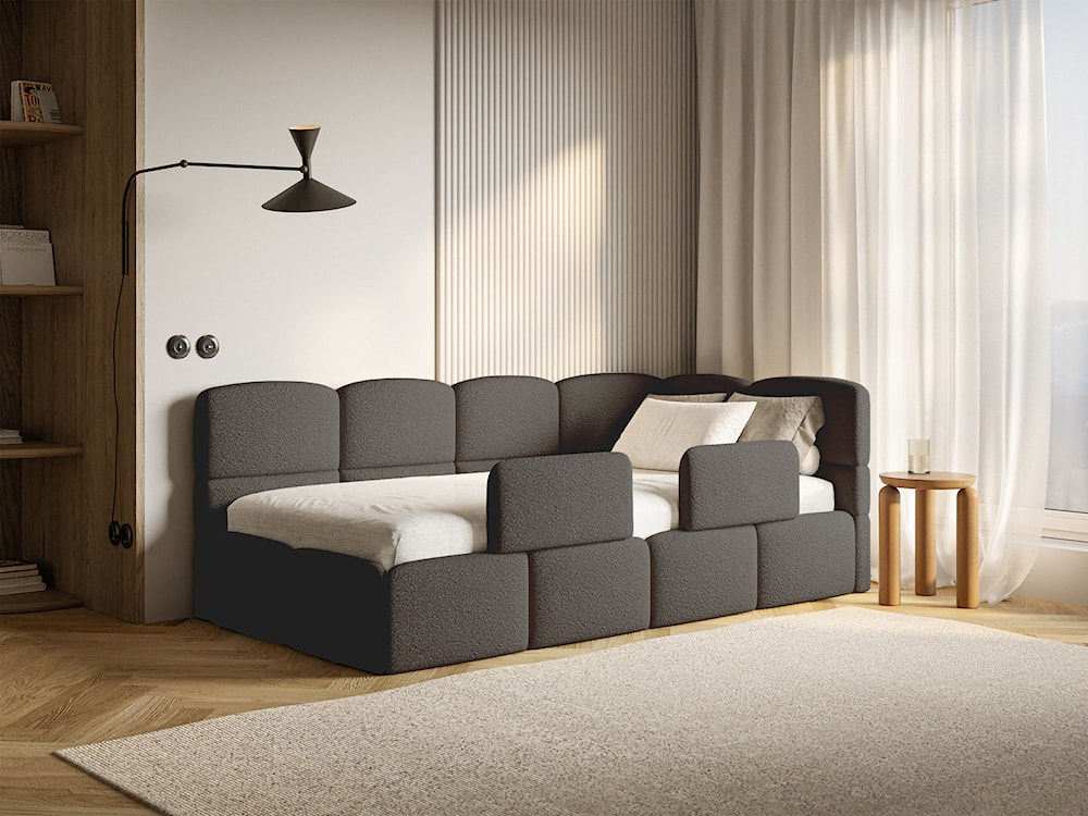 Łóżko młodzieżowe 90x200 cm Cloudy prawostronne z pojemnikiem i barierkami brązowe boucle  - zdjęcie 2