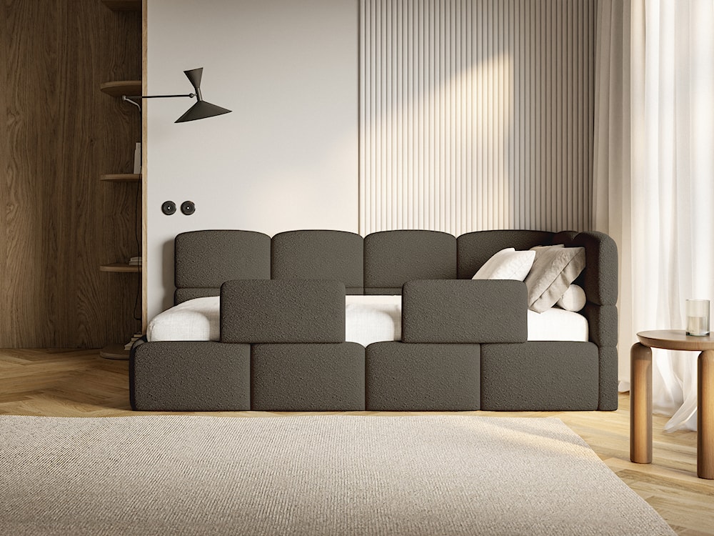 Łóżko młodzieżowe 90x200 cm Cloudy prawostronne z pojemnikiem i barierkami brązowe boucle  - zdjęcie 4