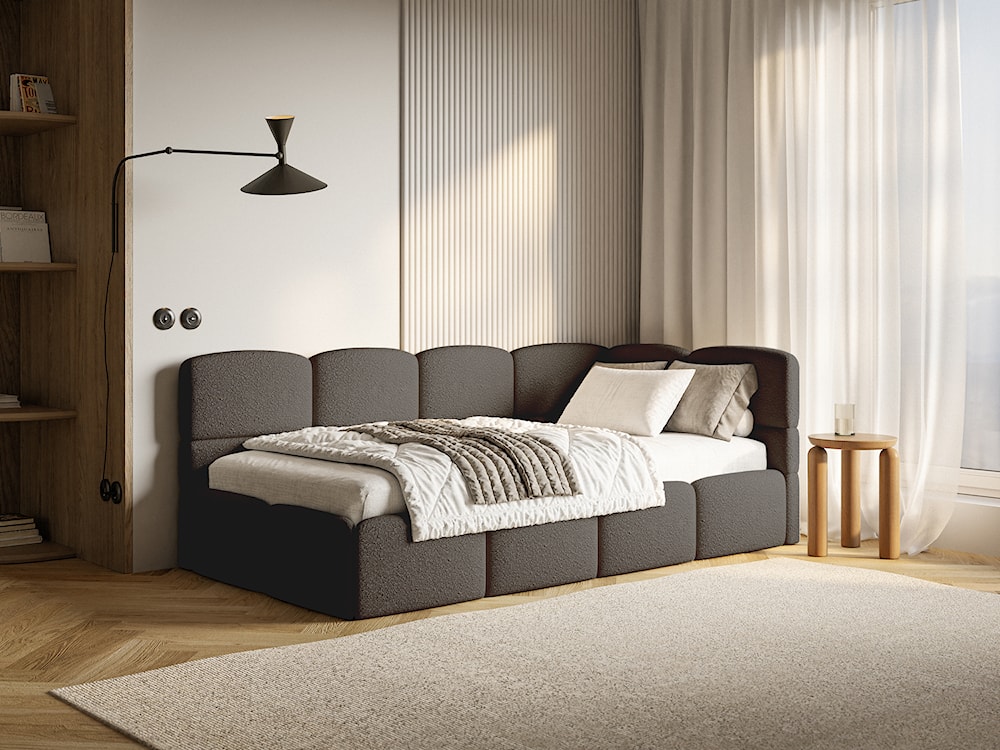 Łóżko młodzieżowe 90x200 cm Cloudy prawostronne z pojemnikiem brązowe boucle  - zdjęcie 2