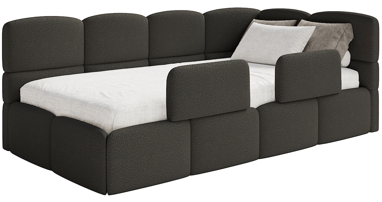 Łóżko młodzieżowe 90x200 cm Cloudy prawostronne z materacem pojemnikiem i barierkami brązowe boucle