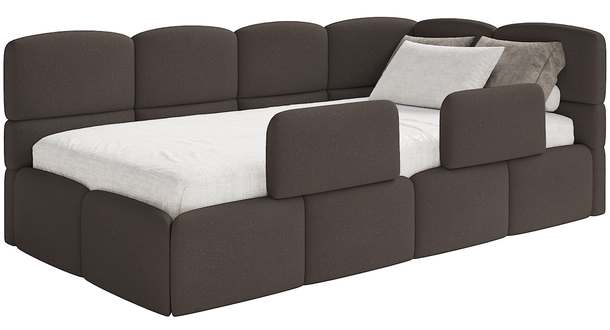 Łóżko młodzieżowe 90x200 cm Cloudy prawostronne z pojemnikiem i barierkami brązowe szenil