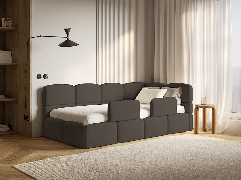 Łóżko młodzieżowe 90x200 cm Cloudy prawostronne z pojemnikiem i barierkami brązowe szenil  - zdjęcie 2