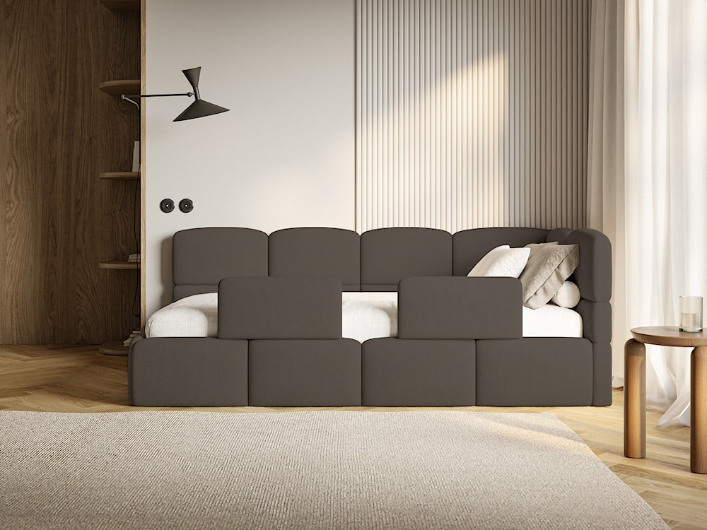 Łóżko młodzieżowe 90x200 cm Cloudy prawostronne z pojemnikiem i barierkami brązowe szenil  - zdjęcie 9