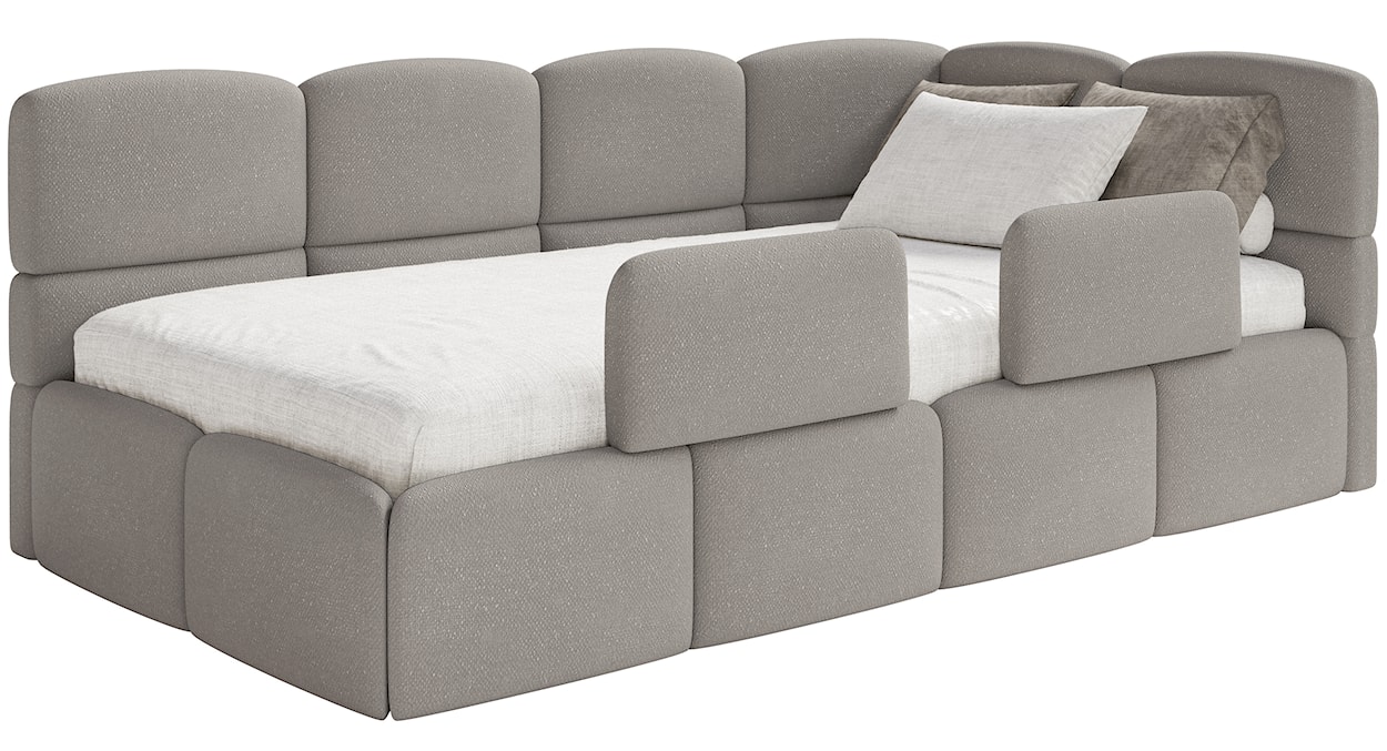 Łóżko młodzieżowe 90x200 cm Cloudy prawostronne z pojemnikiem i barierkami jasnobrązowe szenil