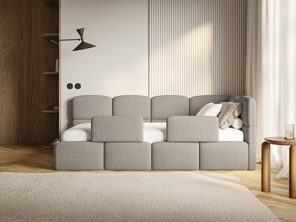 Łóżko młodzieżowe 90x200 cm Cloudy prawostronne z pojemnikiem i barierkami jasnobrązowe szenil  - zdjęcie 4