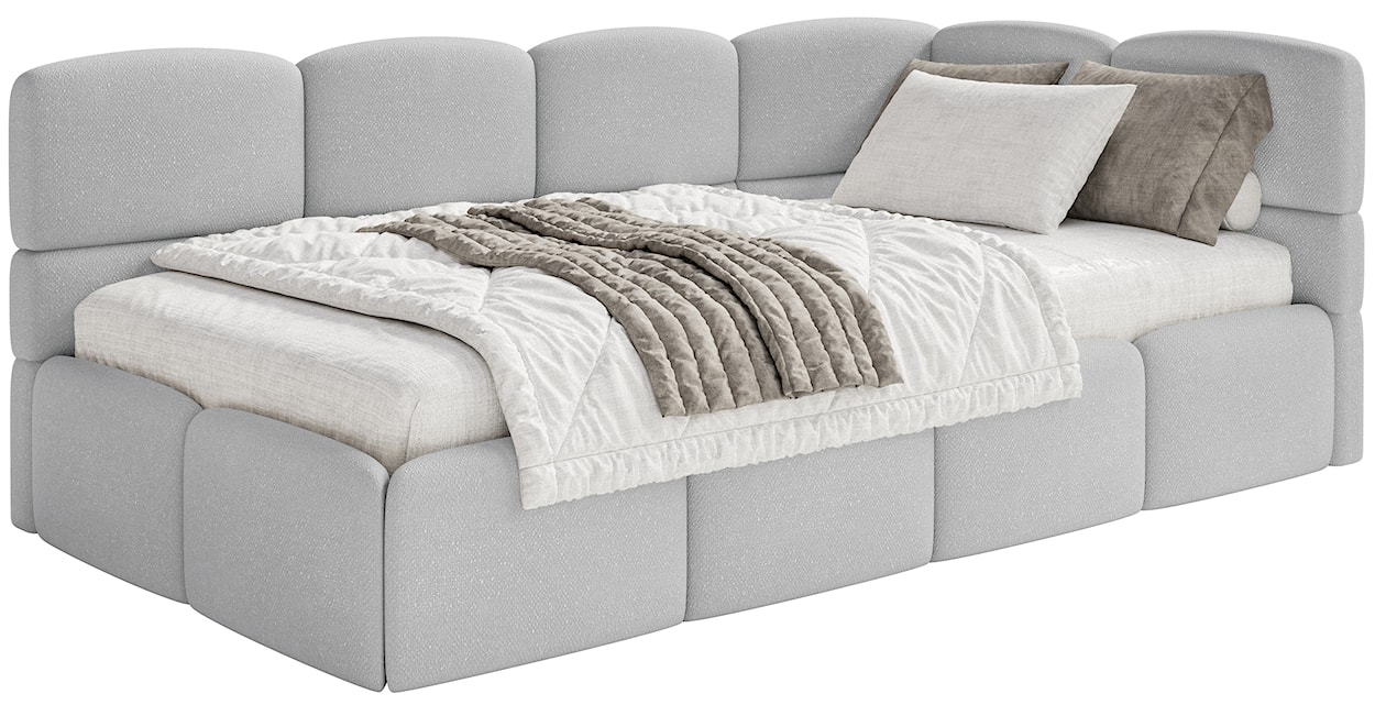 Łóżko młodzieżowe 90x200 cm Cloudy prawostronne z materacem i pojemnikiem jasnoszare szenil