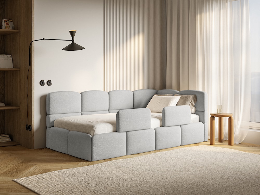 Łóżko młodzieżowe 90x200 cm Cloudy prawostronne z pojemnikiem i barierkami jasnoszare szenil  - zdjęcie 2