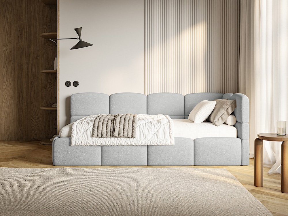 Łóżko młodzieżowe 90x200 cm Cloudy prawostronne z pojemnikiem i barierkami jasnoszare szenil  - zdjęcie 6