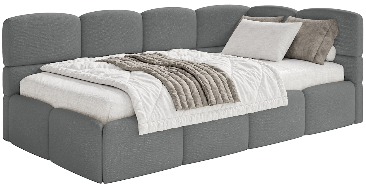 Łóżko młodzieżowe 90x200 cm Cloudy prawostronne z materacem i pojemnikiem ciemnoszare szenil