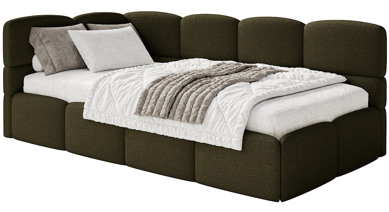 Łóżko młodzieżowe 90x200 cm Cloudy lewostronne z pojemnikiem oliwkowe boucle