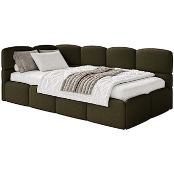 Łóżko młodzieżowe 90x200 cm Cloudy lewostronne z pojemnikiem oliwkowe boucle