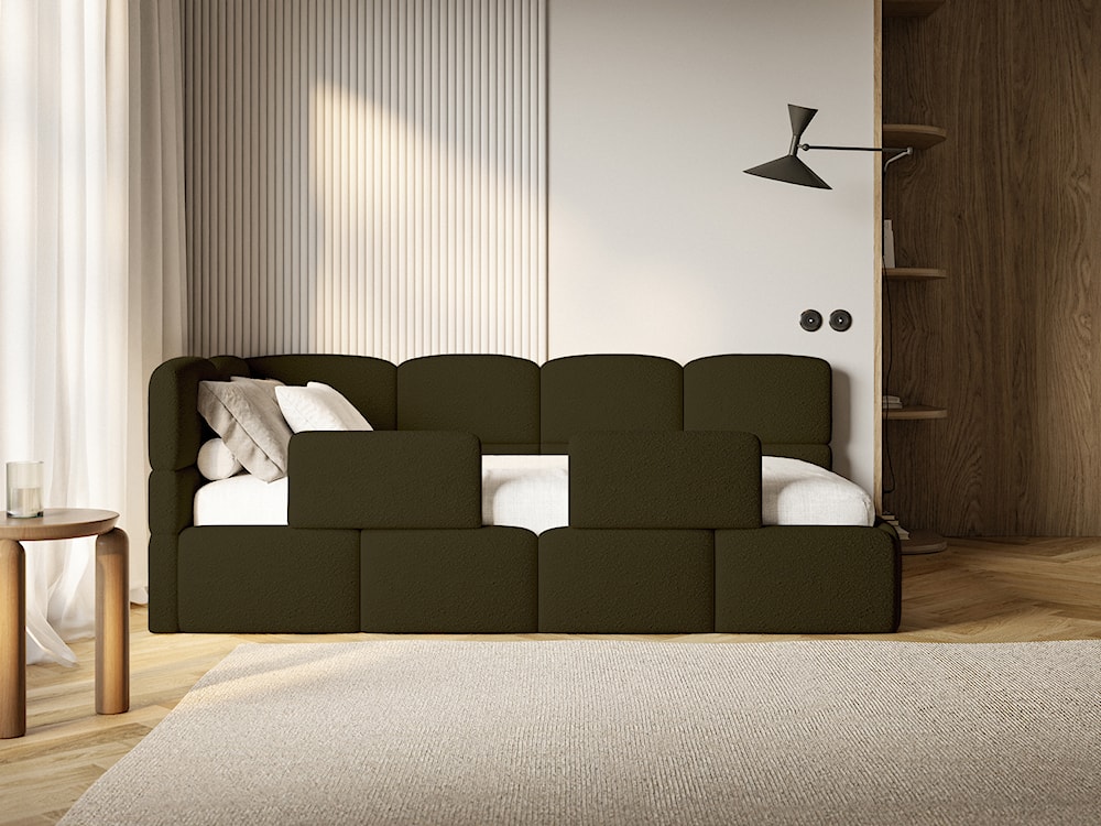 Łóżko młodzieżowe 90x200 cm Cloudy lewostronne z pojemnikiem i barierkami oliwkowe boucle  - zdjęcie 4