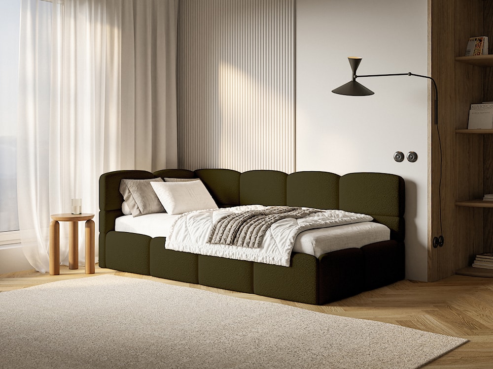 Łóżko młodzieżowe 90x200 cm Cloudy lewostronne z materacem i pojemnikiem oliwkowe boucle  - zdjęcie 2