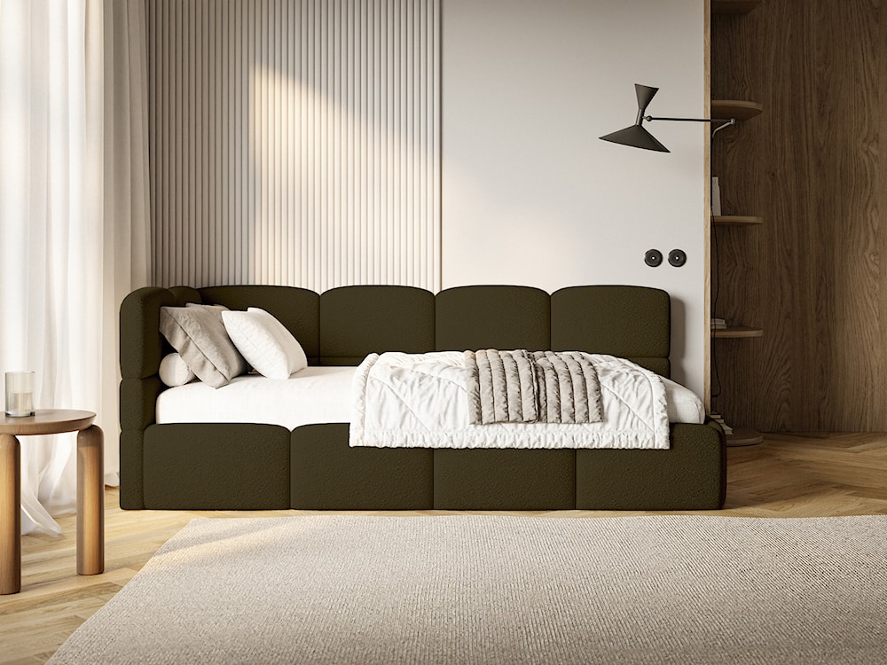 Łóżko młodzieżowe 90x200 cm Cloudy lewostronne z materacem i pojemnikiem oliwkowe boucle  - zdjęcie 4