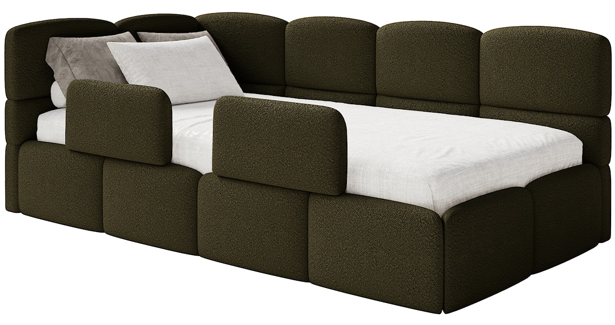 Łóżko młodzieżowe 90x200 cm Cloudy lewostronne z pojemnikiem i barierkami oliwkowe boucle