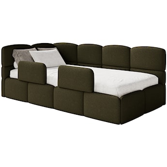 Łóżko młodzieżowe 90x200 cm Cloudy lewostronne z pojemnikiem i barierkami oliwkowe boucle