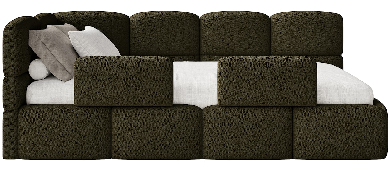 Łóżko młodzieżowe 90x200 cm Cloudy lewostronne z pojemnikiem i barierkami oliwkowe boucle  - zdjęcie 7