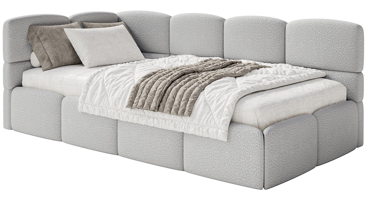 Łóżko młodzieżowe 90x200 cm Cloudy lewostronne z pojemnikiem szarobeżowe boucle