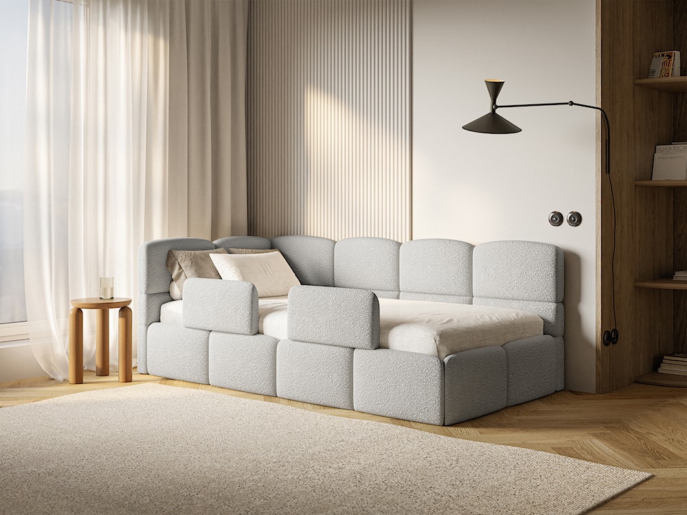 Łóżko młodzieżowe 90x200 cm Cloudy lewostronne z pojemnikiem i barierkami szarobeżowe boucle  - zdjęcie 2