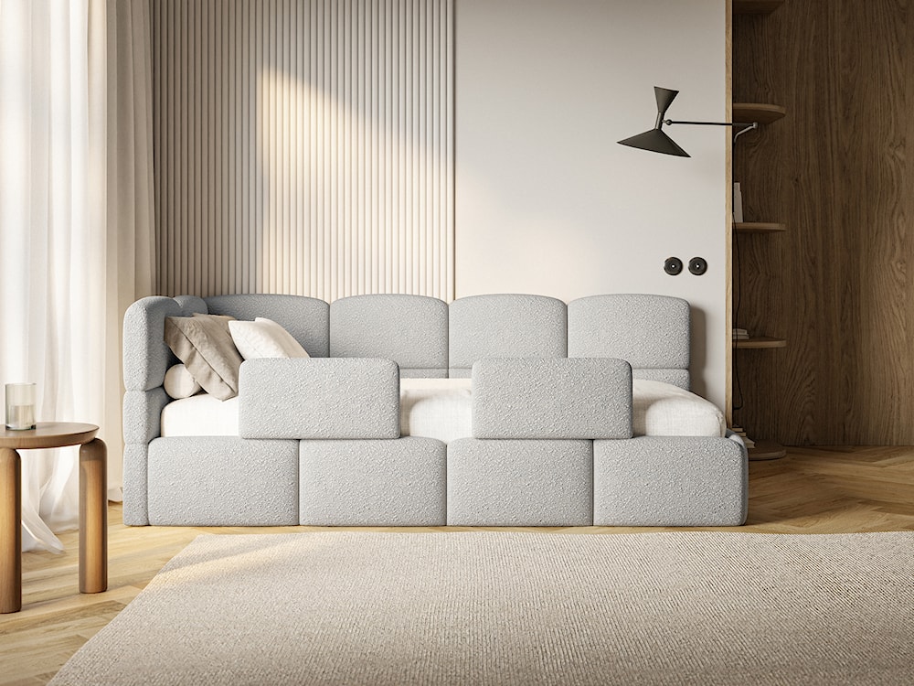 Łóżko młodzieżowe 90x200 cm Cloudy lewostronne z pojemnikiem i barierkami szarobeżowe boucle  - zdjęcie 4