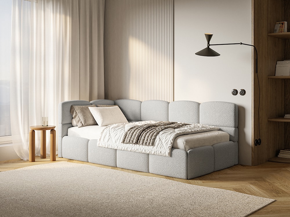 Łóżko młodzieżowe 90x200 cm Cloudy lewostronne z pojemnikiem szarobeżowe boucle  - zdjęcie 2