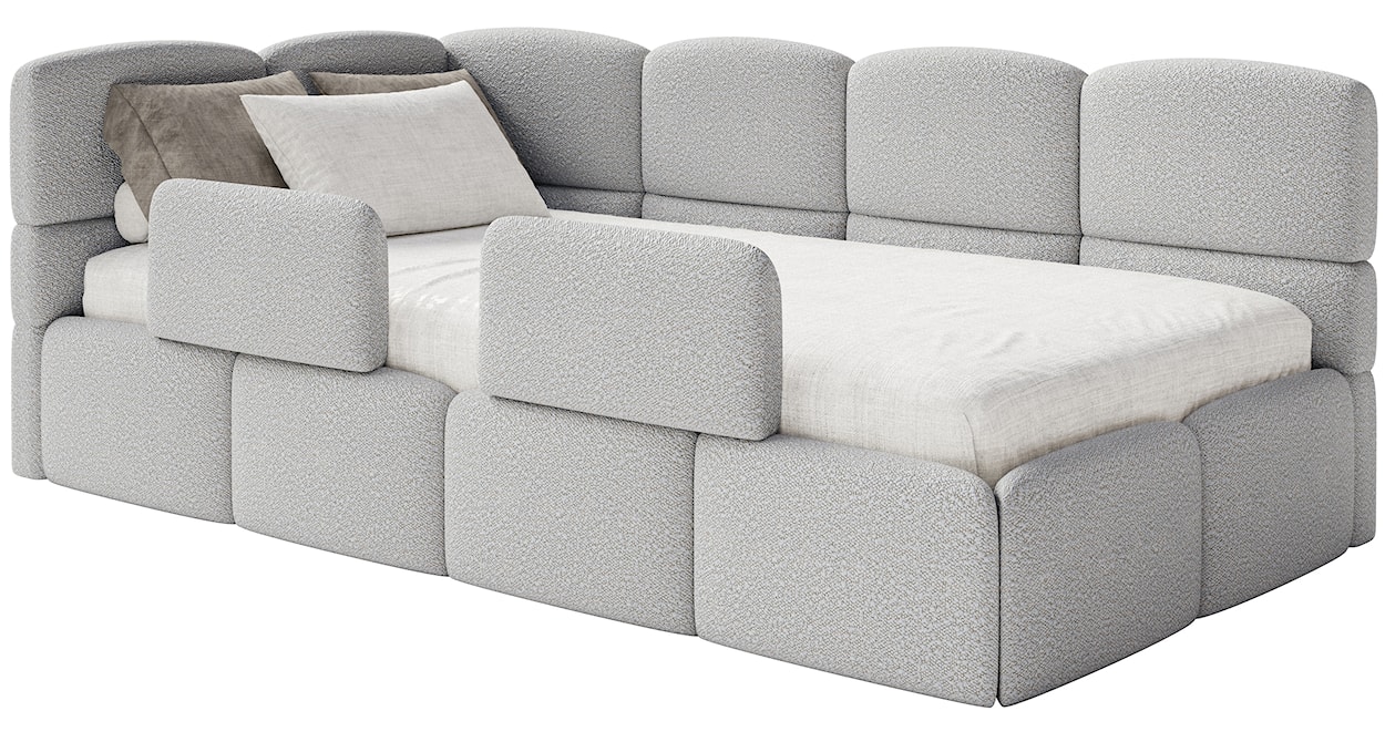 Łóżko młodzieżowe 90x200 cm Cloudy lewostronne z pojemnikiem i barierkami szarobeżowe boucle